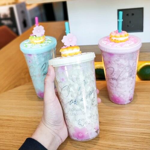 Summer Colorful Cup Drink Ice Cool Water Cup Cute Cherry Straw Cup Girl Student Flower Cup Cute Water Bottle Free Shipping Items