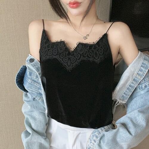 LJSXLS Lace Patchwork Black Backless Camisole Sexy Off Shoulder Top Summer Women White Tank Top Clothes Cami Velvet Vest Woman