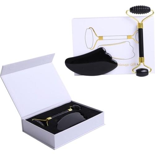 Natural Black Obsidian Jade Roller Set Serrate Jade Massage Roller Gua Sha Scraper Gouache For Face Anti Wrinkle Facial Massager