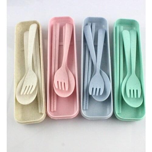 Flatware Set Scoop Fork Chopsticks Child Creative Wheat Straw Dinner Tools Environmental Dinnerware Set Japanese Style Tableware