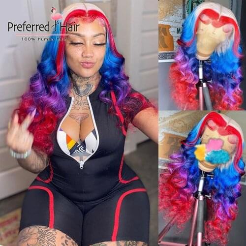 Preferred Red Rainbow Highlight Wig Brazilian Remy 13x4 Lace Front Human Hair Wigs Pre Plucked Transparent Lace Wigs For Women