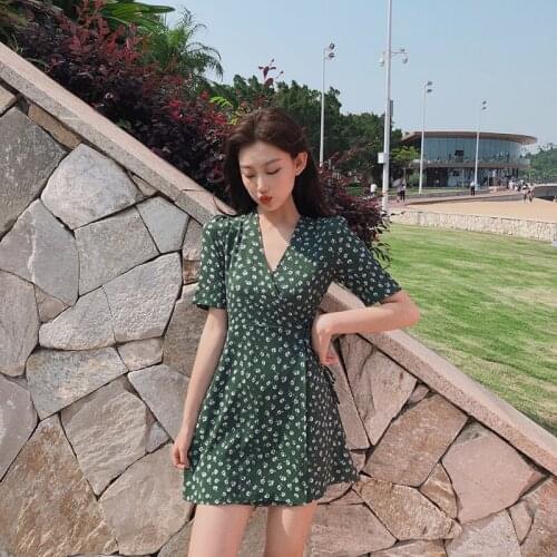 Focal20 Streetwear Vintage Flower Print Wrap Women Dress Lace Up V-neck Short Sleeve Slim Summer Spring Female Dress