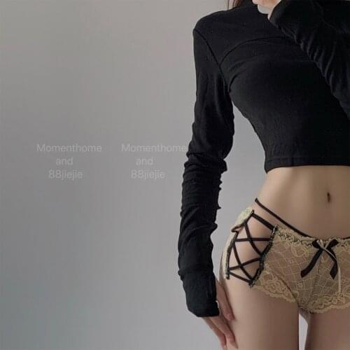 Japanese girls control low waist sexy underwear Japanese bow hollow tie lace briefs female