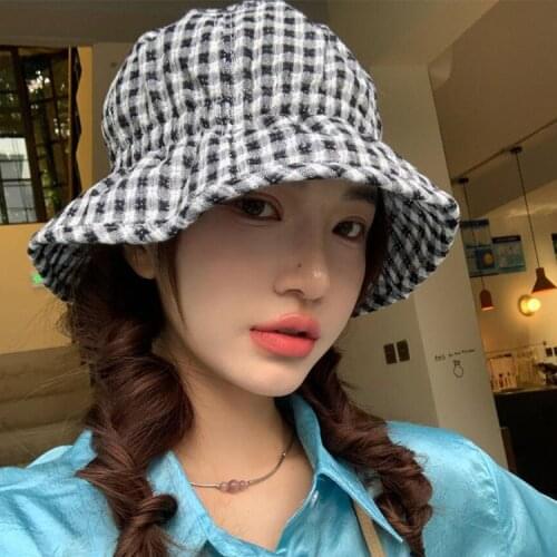 Fisherman Hat Female Spring And Summer Sun Protection UV Grid Bucket Hat Wild Face-lift Drawstring Sun Hat Gorras