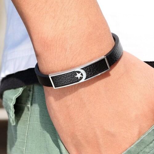 Turkey Flag Star and Moon Leather Bracelet Islam Religious Jewelry Stainless Steel Wristband Mens and Womens Fashion Bangle