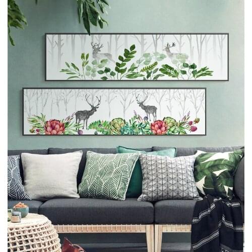 Green forest deer Modern Abstract Nordic style porch Living Room Decorative Pictures elk Golden sun Landscape Canvas Wall Art