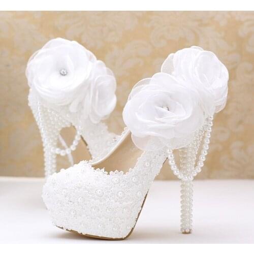 2021 spring white lace flowers super high-heeled high-heeled wedding shoes banquet dress single shoes pearl female bridal shoes