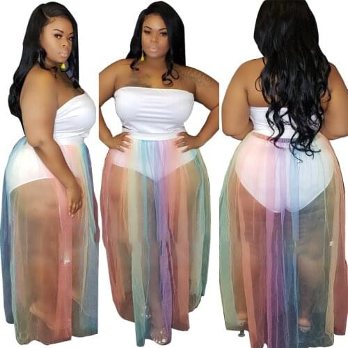 Adogirl Plus Size XL-5XL Women Two Piece Set Dress Strapless Bodysuit Sheer Mesh Rainbow Stripe Maxi Skirt Party Suit