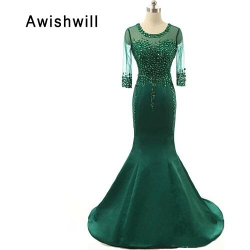 New Arrival Elegant Evening Dress Long With 3/4 Sleeves Beaded Satin Mermaid Formal Gown Mother of The Bride Dresses for Wedding
