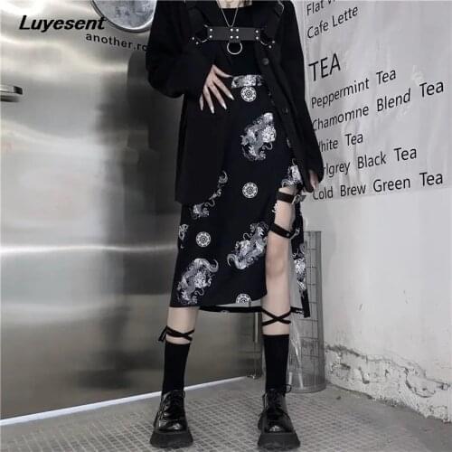 Women Dragon Print Gothic Dress 2021 Lady Hollow Out Strap Sexy Split Dresses Empire Calf