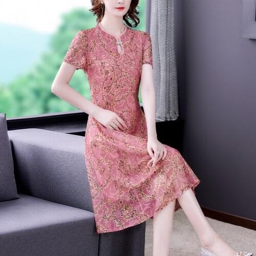 2021 Women Pink Floral Chiffon Beach Midi Sequins Dress Summer Vintage Casual 6XL Plus Size Dress Elegant Bodycon Party Vestidos