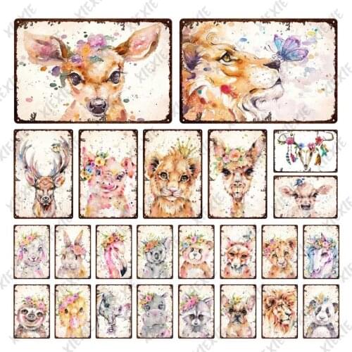 Cute Animal Metal Tin Sign Plate Wearing a Wreath Watercolor Iron Painting Art for Pub Bar Restaurant Club Shop Decoration