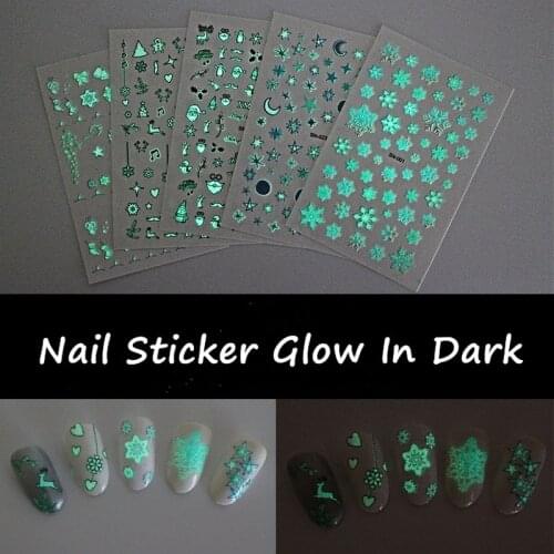 1 Sheet Christmas Snowflake 3D Nail Sticker Glow In Dark Patterns Nail Foil Transfer Decals Nail Art DIY Decor