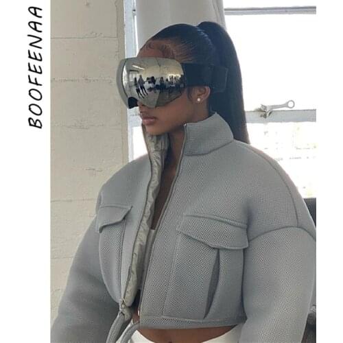 BOOFEENAA Women Zip Up Bomber Jacket Trendy Big Pocket Crop Oversized Coat Warm Clothes Windbreaker Streetwear C87-EZ32