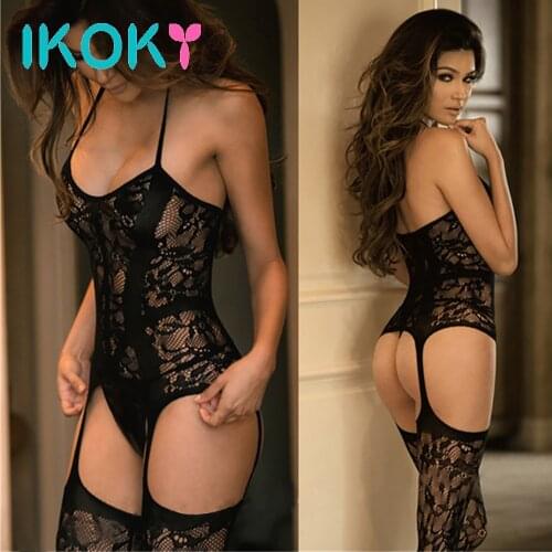 IKOKY Open Crotch Bodysuit Erotic underwear Exotic Apparel Adult Products Sexy hanging neck Sexy Lingerie catsuit