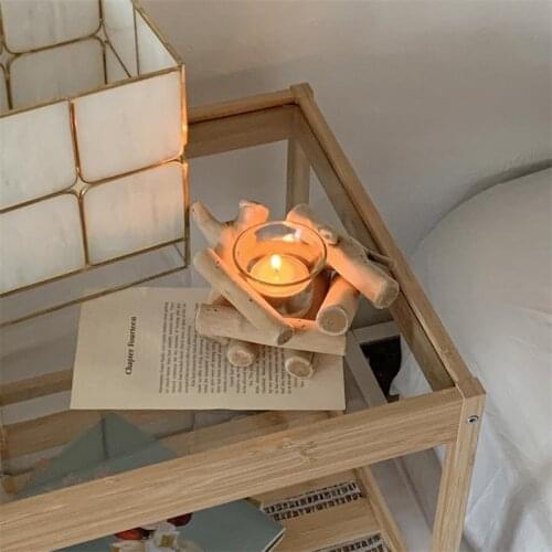 INS Style Candle Holder Handmade Wooden Holder With Glass Cup Desktop Reading Light Party Wedding Supplies Home Decoration