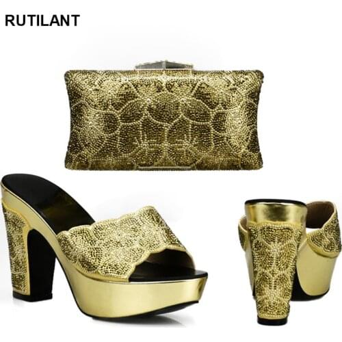 Shoes and Bag Set African Sets 2020 Gold Color Matching Women Shoe and Bag Set Decorated with Rhinestone Nigeiran Party Shoe Bag
