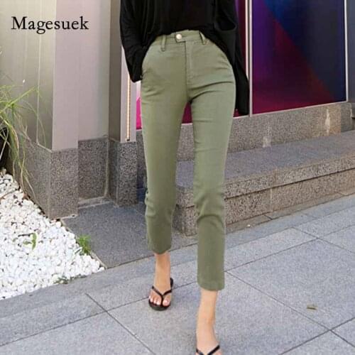 Korean High Waist Stretch Jeans for Women 2020 Autumn Army Green Jeans Women Jeans Casual Elastic Straight Pants Mujer 10415