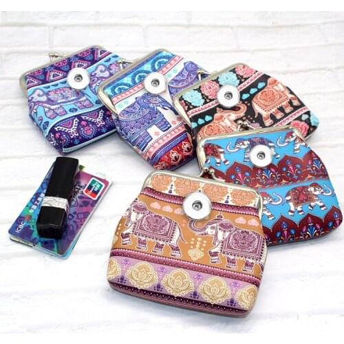 Elephant PU Leather 18mm Snap Button jewelry Coin Purses Small-Wallets Money-Bags For girls gift QB553