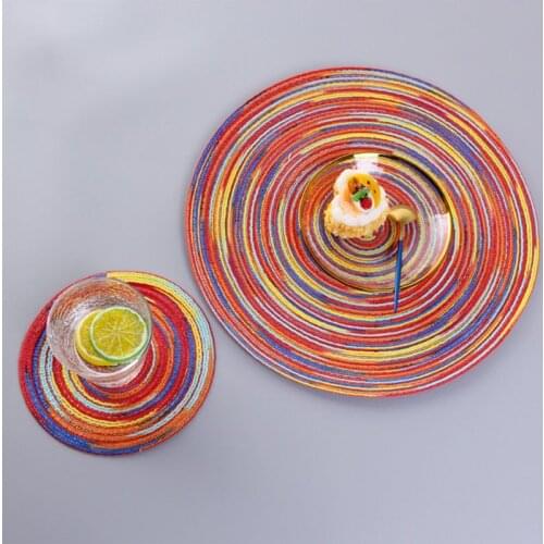 Round Cotton Thread Woven Placemats Braided Rainbow Colorful Heat Insulation Non-Slip Foldable Kitchen Dining Table Mat