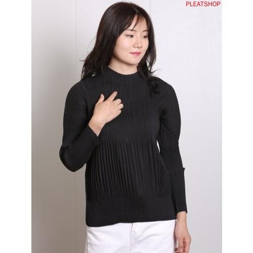 MIYAKE Pleated Plain Fluffy Sleeves Slim-Fit Average Size Pleated Creased Womens Long-Sleeve Shirt Oversized T Shirt One Piece