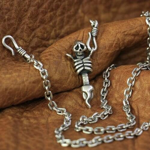 LINSION 925 Sterling Silver Upper Body Skull Mens Pendant Silver Necklace 23" TA139