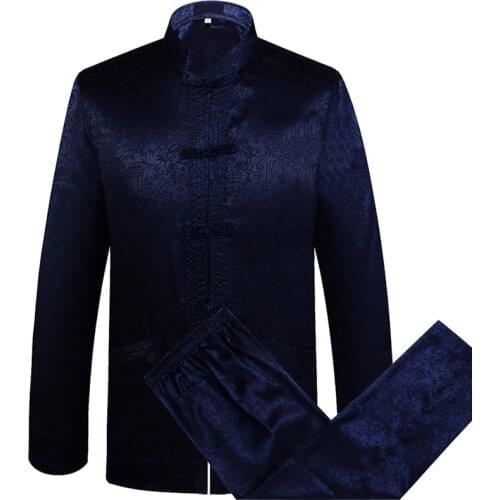 Plus Size 4XL Chinese Mens Tang Suit Sets Long Sleeve Long Pants Dragon Kung Fu Suit High Quality Silk Wu Shu Tai Chi Sets
