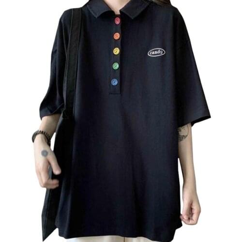 ZuoLunOuBa New Arrival Fashion Short Sleeve Summer Korean Women T Shirt Rainbow Button Harajuku Polo Tees Loose Tops Female