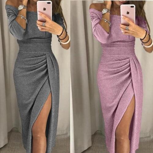 One Word Collar Package Hip Dress 2019 Women Shiny Off Shoulder Ruched Thigh Slit Dress Sexy Club Wrist Sleeve Dress Vestidos