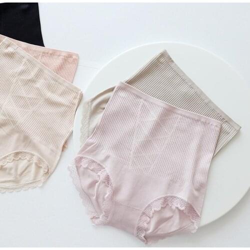 Solid Panties High Waist Tummy Control Ribbing Modal Briefs Sexy Female Slimming Underwear Women Lace Panty Breathable Comfort