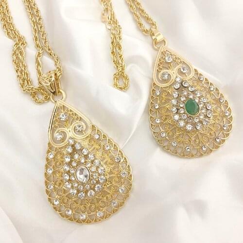 Moroccan Golden Custom Necklace Water Drop Shape Pendent Necklace Morocco Heart Shape Necklace Caften Long Chain Pendent