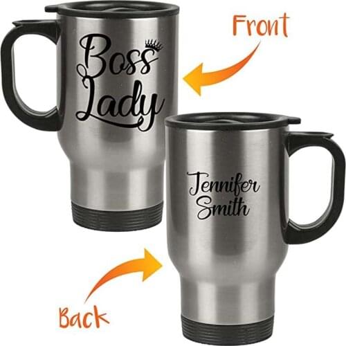Personalized Custom Name Boss Lady Travel Mug - Best Women Birthday Gift for Mom and Female Friend - 14oz Insulated with Lid