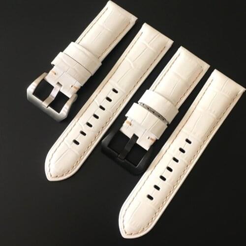 24MM Pearl White Thick Crocodile pattern Genuine leather Watchband Watch Strap Replace For PAM PAM312 PAM111 PAM441Bracelet Belt
