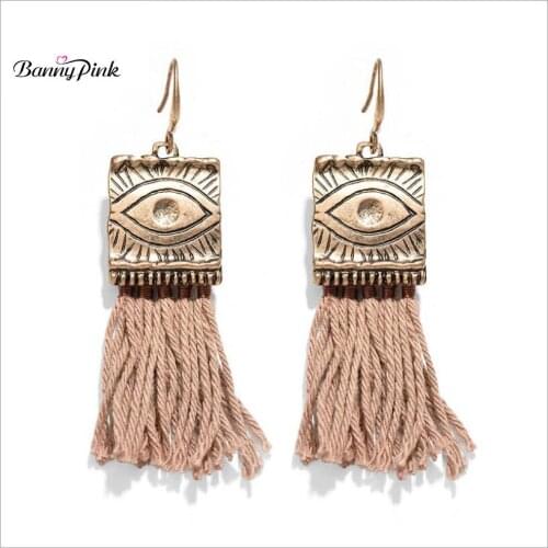 Banny Pink Bohemia Cotton Tassel Earrings For Women Vintage Gold Silver Color Carved Geo Pendant Dangle Earring Fashion Jewelry