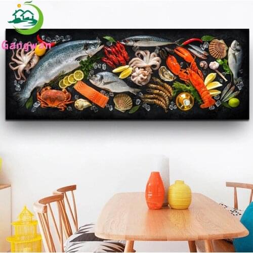 Fish ,Seafood In Table Diamond Mosaic round drill Cross Stitch Diamond Embroidery Kitchen Themed Full Square Decor Dining Room