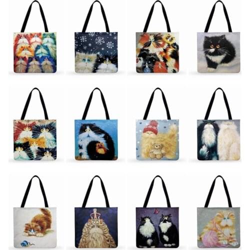 Foldable Shopping Bag Cute Kitten Painting Print Tote Bag Color Cat Casual Tote Ladies Shoulder Bag Outdoor Beach Tote Bag