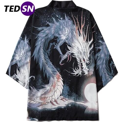 Harajuku Japanese Kimono Jacket 2020 Summer White Dragon Print Loose Shirt Japan Streetwear Front Open Coat Kimono