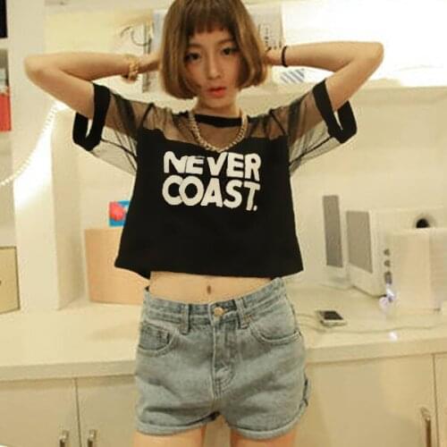 2020 Women T-Shirt Crop Top Shirt Sleeve Mesh See-through Short Tops For PL2