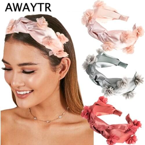 AWAYTR Wide Bezel Satin Flowers Hairband Fashion Hair Hoop Girls Solid Color Cross Top Knot Headband for Women Hair Accessories