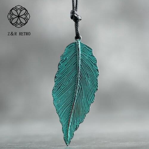 Women Long Necklace Green Leaf Pattern Accessories Decoration Wholesale Vintage Rope Chain Ladies Handmade Pendants For Jewelry