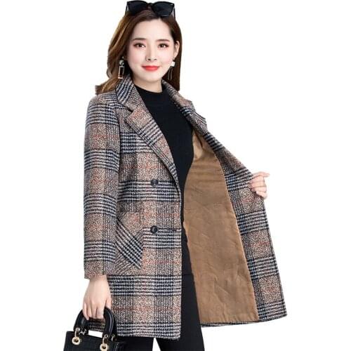 Plus size coat women autumn winter woolen coats spring fashion slim plaid Cardigan coats ladies medium long thick overcoat women
