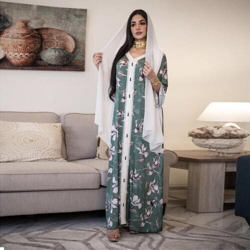 Summer Women Elegant Long Sleeve Loose Maxi Print Pullover Abaya Dubai Turkey Muslim Hijab Dress Middle Eastern Gown Gaftan Rob