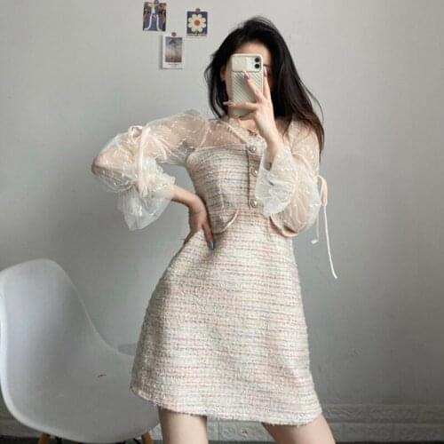 New Fashion Autumn Winter Sexy V-Neck See Through Mesh Patchwork Tweed Dress Women Luxury Runway Woolen Dress