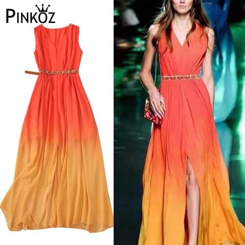 Pinkoz runway designer v-neck sleeveless midi dress for women Gradient orange yellow party dinner dresses robe de mujer festival