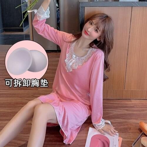 2021 Spring Autumn Long Sleeve V-neck Nightgowns for Women Cute Lace Bow Sleepwear Femme Home Dress Night Gown Nightdress Nighty