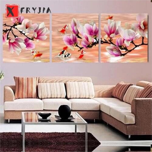 3Pcs 5D Diy Diamond Painting Magnolia Flower And Fish Full Square Round Mosaic Picture Of Rhinestone Embroidery Cross Stitch Kit
