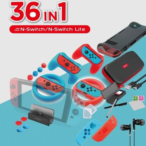 36 in 1 Storage Bag Set for Nitend Switch & NS Lite Case Charger Caps Hand Grip Steering Wheel Tempered Film Game Card Box Cable