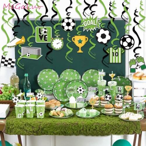 6pcs/set Football Birthday Party Decoration Green Paper Cup Paper Plate Straw Pull Flag Spiral Charm Kit