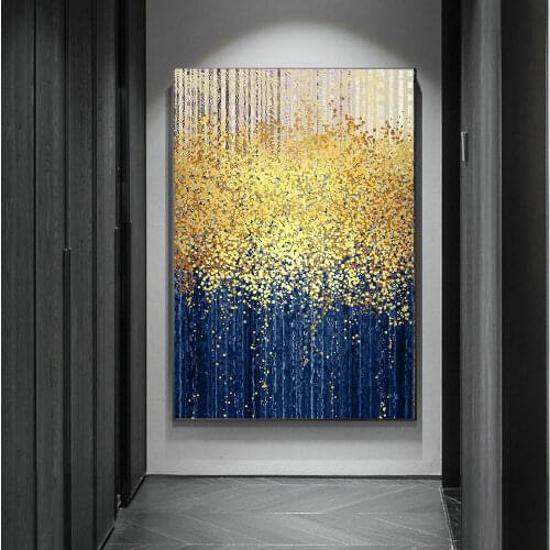Abstract Art Gold Flowers Leaf Canvas Painting Wall Art Pictures For Living Room Nordic Modern Gold Blue Art Decorative Pictures