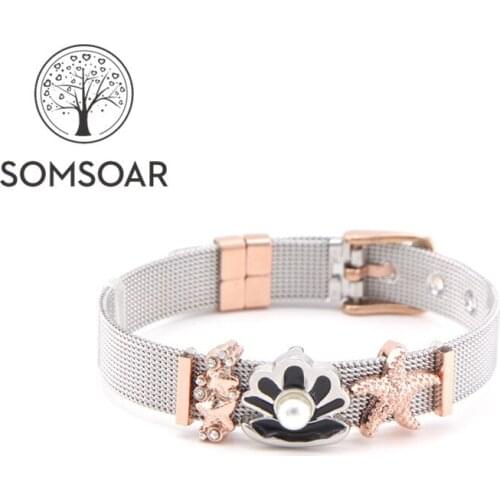 Dropshipping Somsoar Jewelry OCEANHOLIC SET Two Tone Mesh Bracelet set with starfish & Pearl shells Slide Charms for beach girls